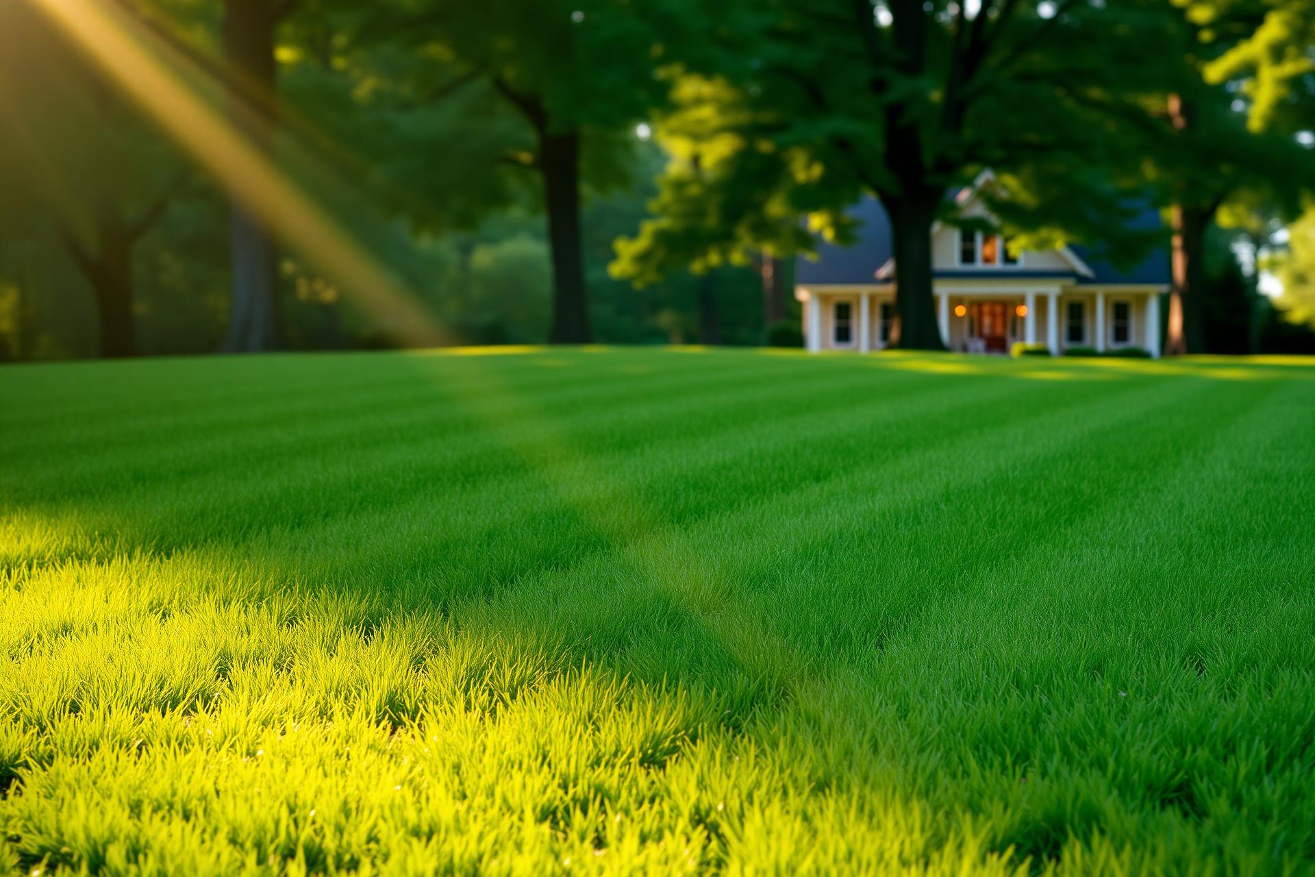 A freshly mowed lawn in golden hour light